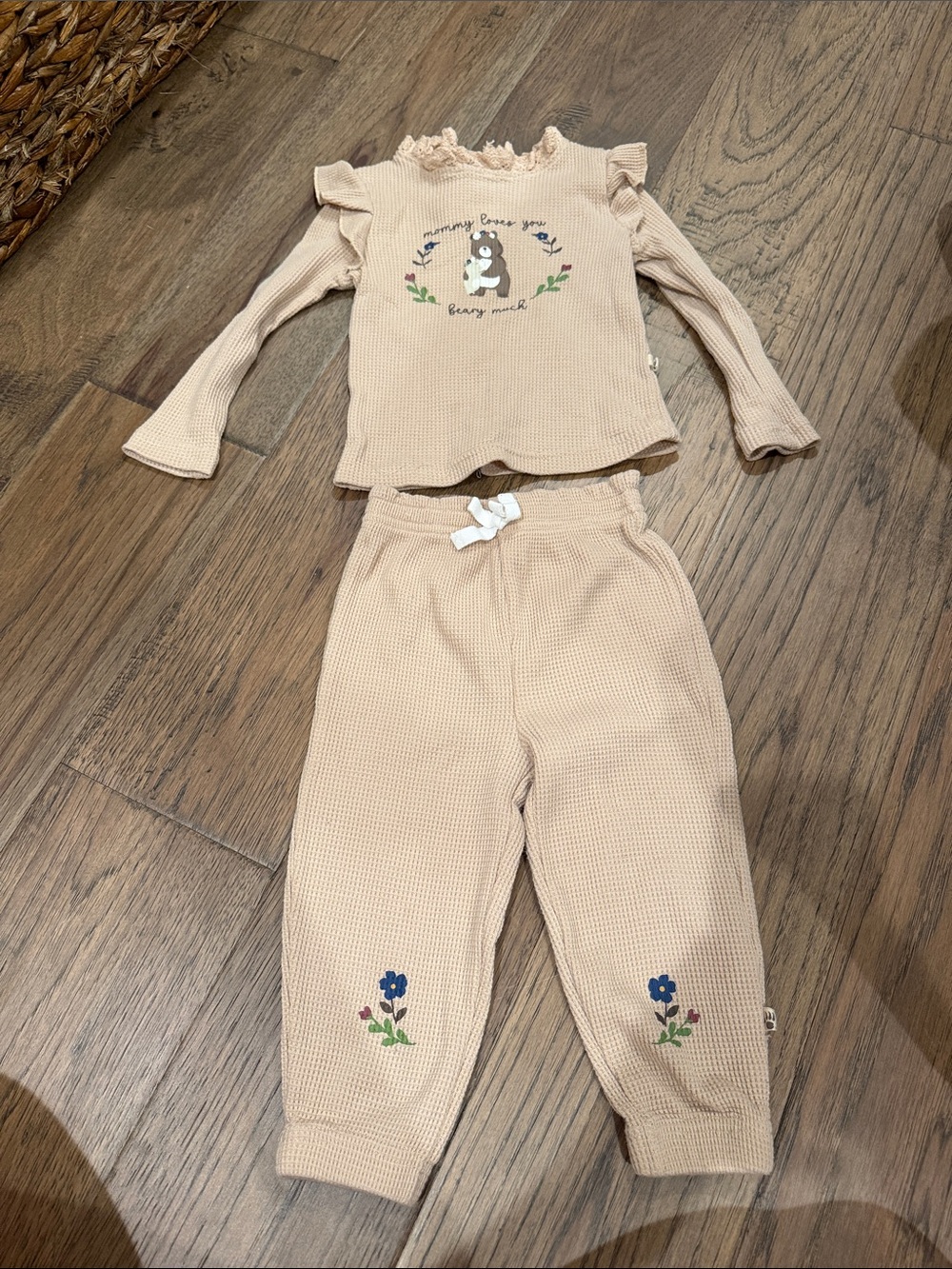 BearPaw Beige Kids Matching Set with Floral Embroidery